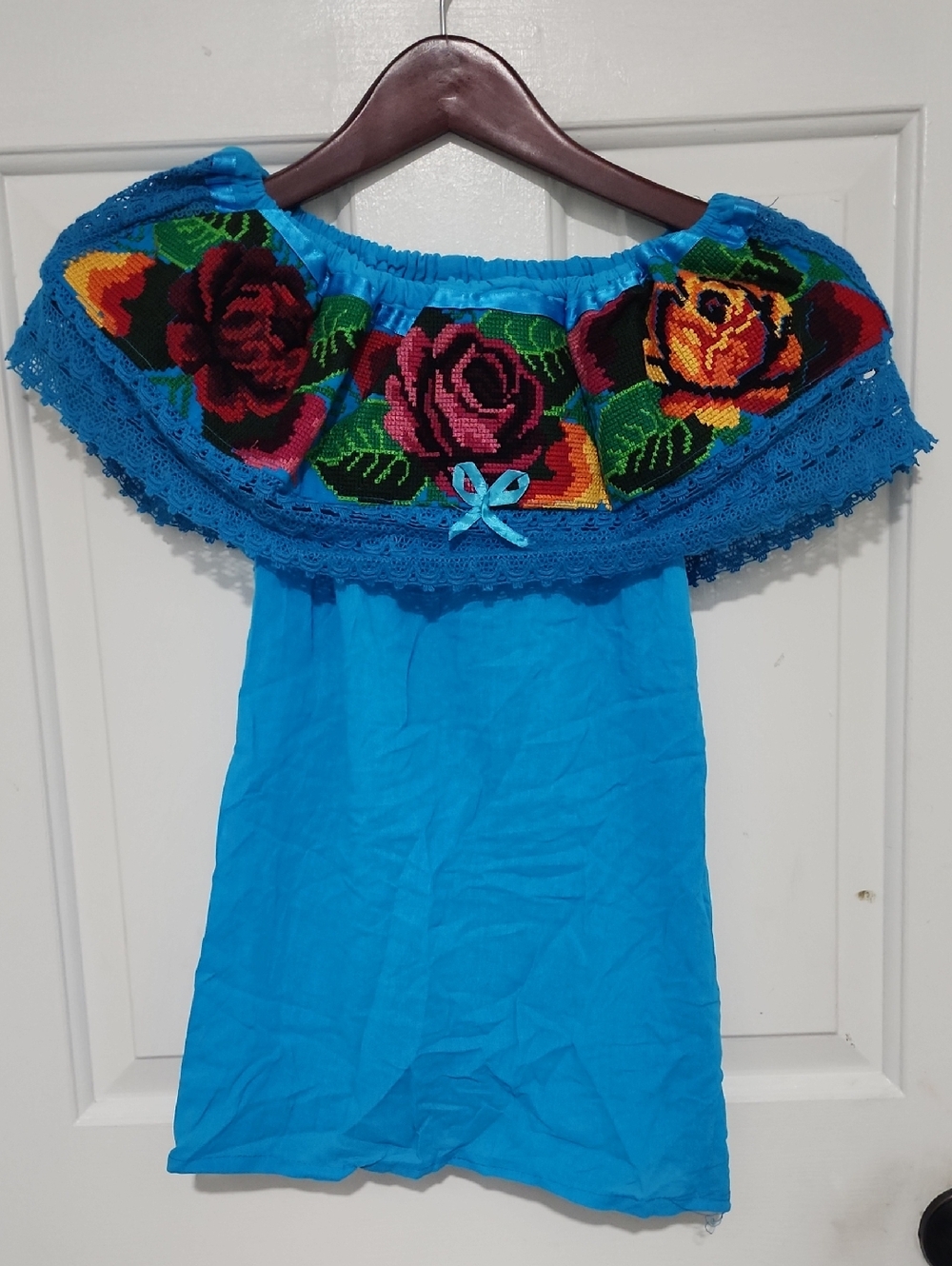 Bright Turquoise Off-Shoulder Floral Embroidered Top